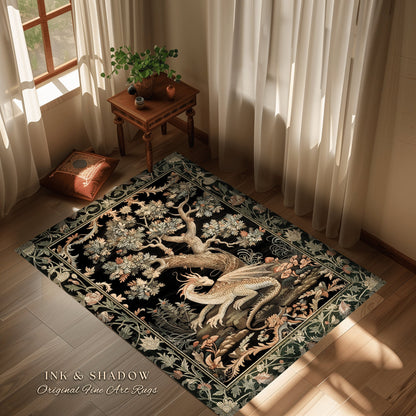 Fantasy Inspired Area Rug | Dark Academia Gothic Book Nook Decor Fairycore Bedroom Magical Dragon Aesthetic Maximalist Rug For Game Room |