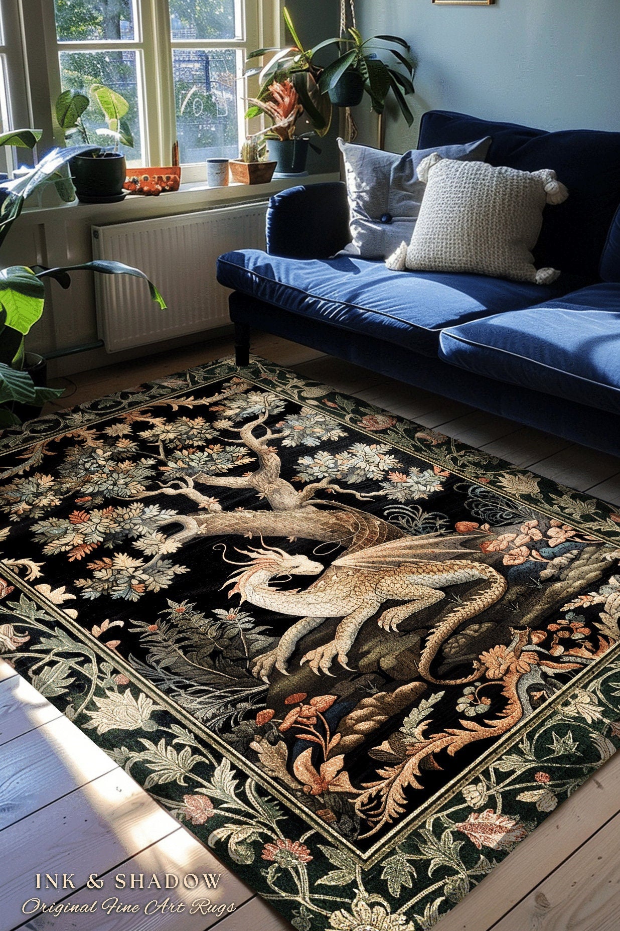 Fantasy Inspired Area Rug | Dark Academia Gothic Book Nook Decor Fairycore Bedroom Magical Dragon Aesthetic Maximalist Rug For Game Room |