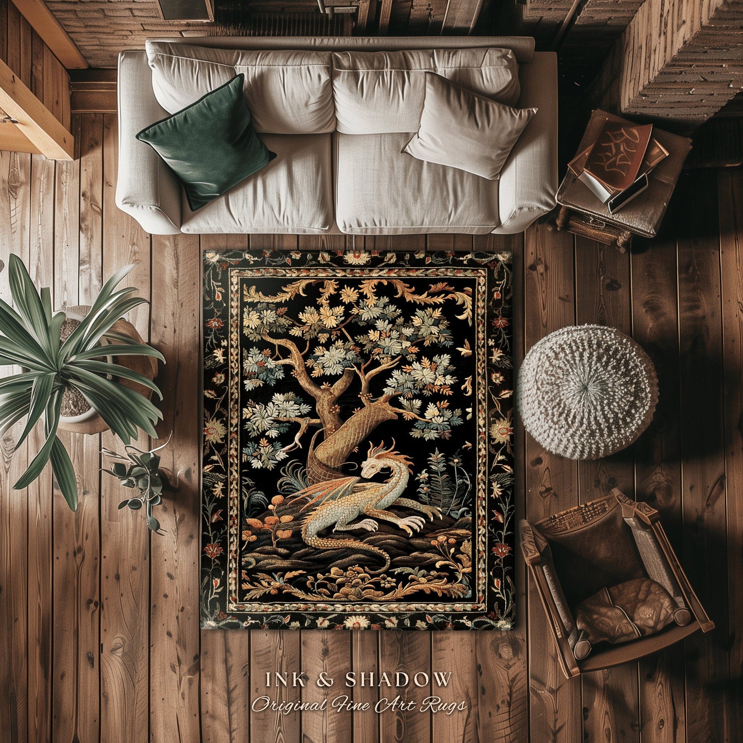 Dragon Aesthetic Botanical Rug | Dark Academia Room Decor Fairytale Inspired Nursery Gift Dark Cottagecore Fairycore Mystical Game Room Rug