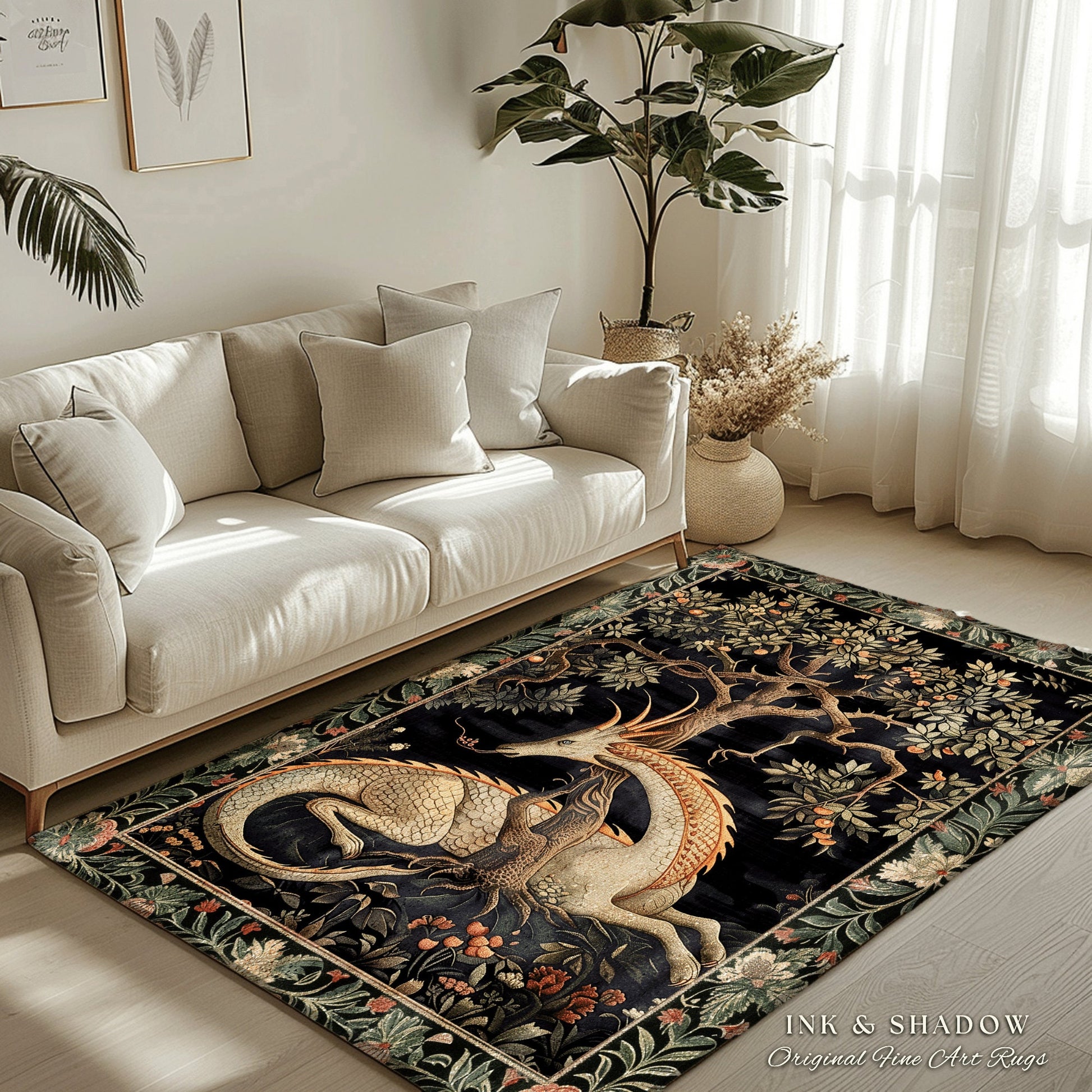 Dark Academia Dragon Area Rug | Medieval Folklore Room Decor Fairytale Inspired DnD Gift Dark Cottagecore Fairycore Mystical Game Room Rug |