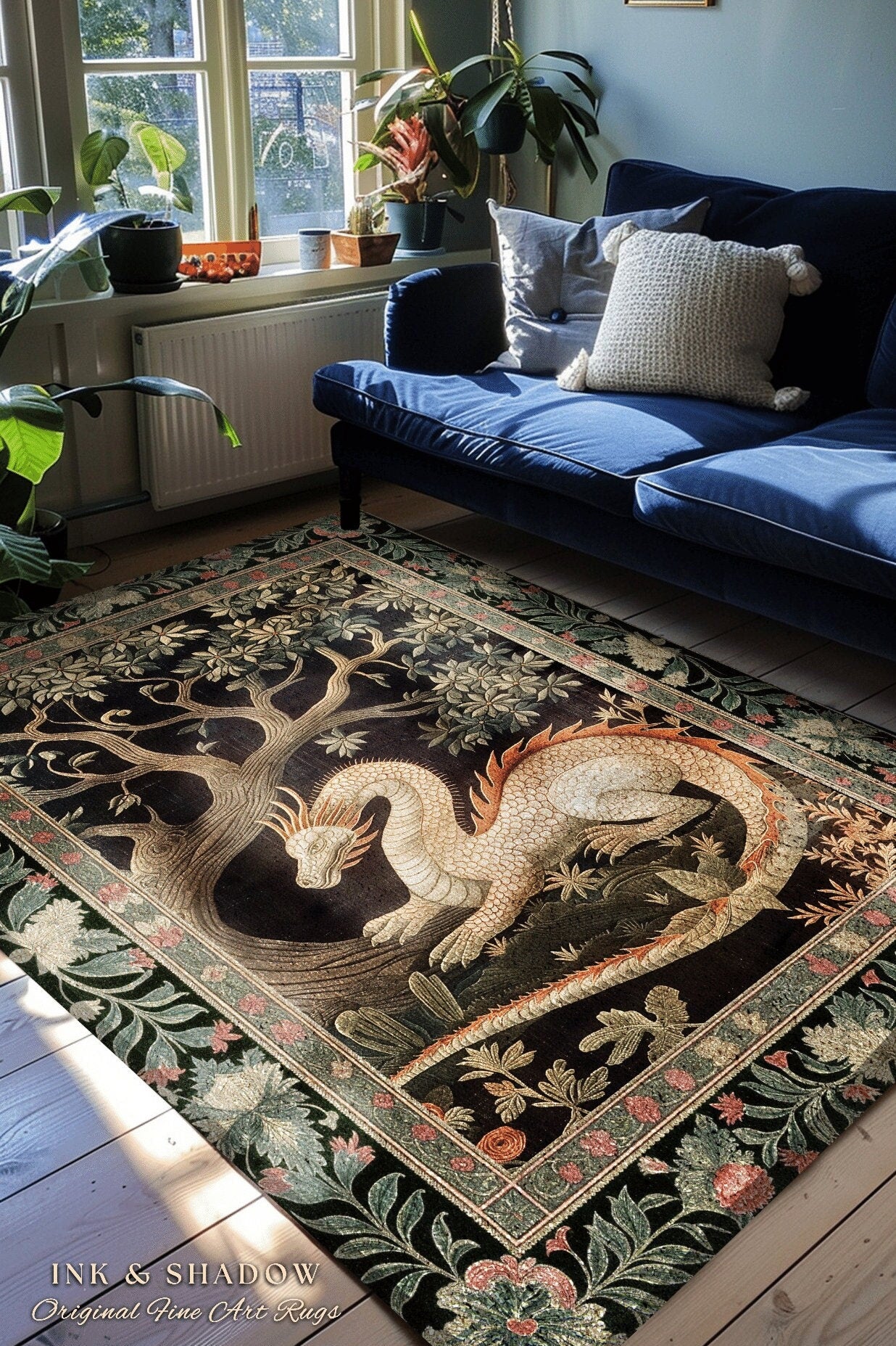 Dragon Lover Bedroom Rug | Medieval Folklore Room Decor Fairytale Inspired DnD Gift Dark Cottagecore Fairycore Mystical Game Room Accent Rug