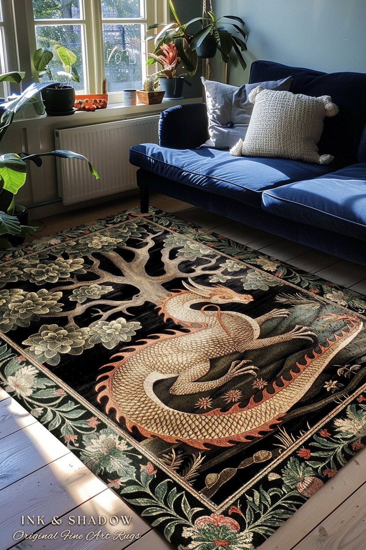 Mystic Medieval Dragon Round Area Rug | Gothic Home Decor Fairycore Bedroom Magical Aesthetic Maximalist Gift for Goth Woodland Dragon Lover