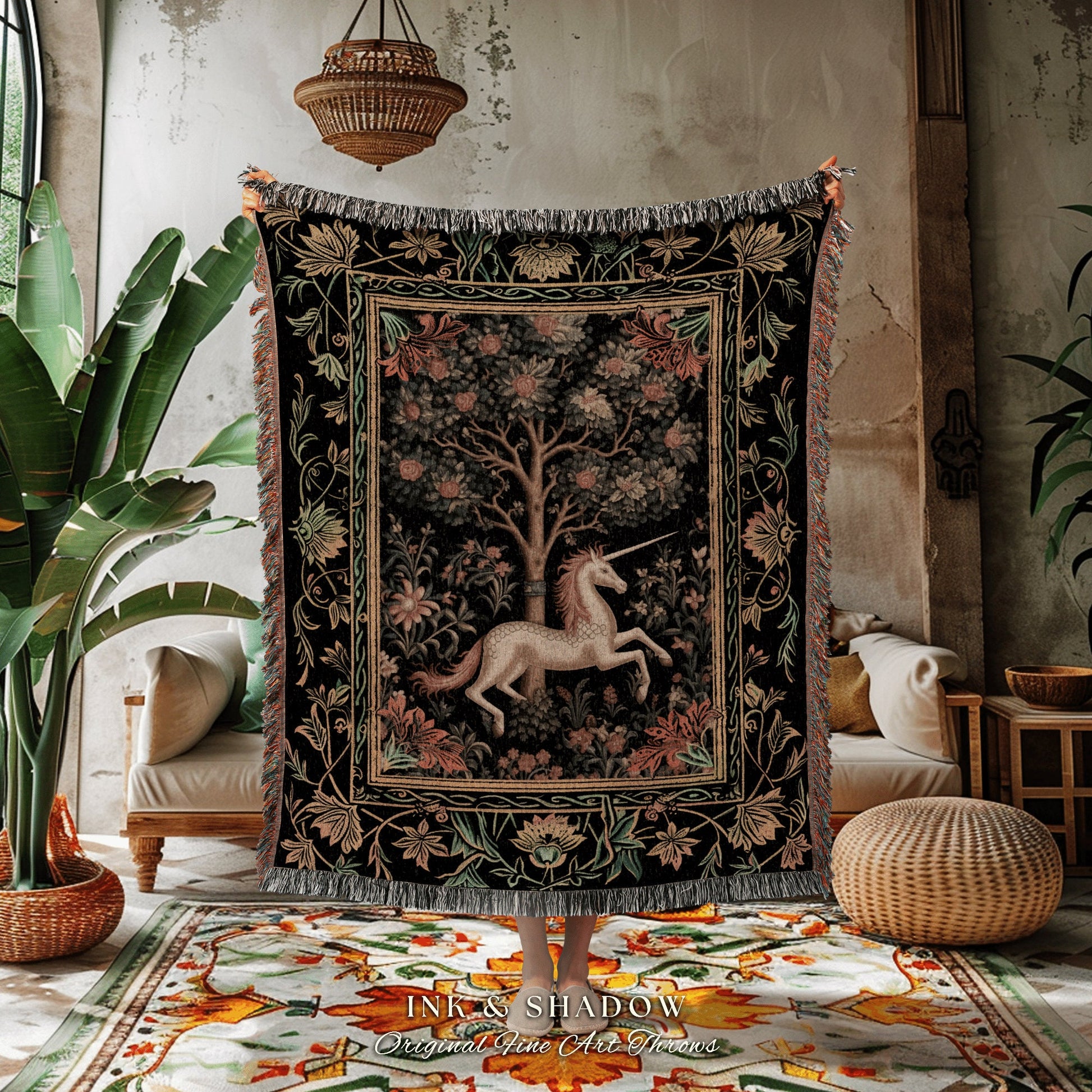Medieval Unicorn Wall Tapestry | Whimsical Room Decor William Morris Inspired Cottagecore Aesthetic Fairycore Woven Blanket Magical Unicorn