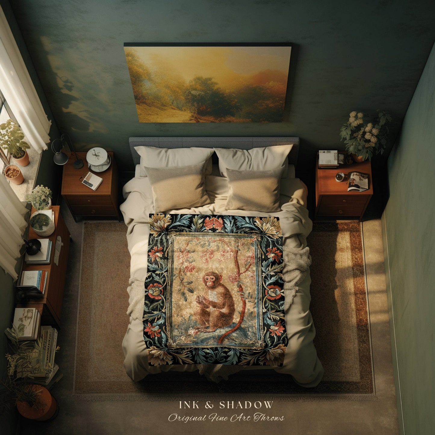 Victorian Gothic Woven Throw Blanket | Woodland Tapestry Decor William Morris Monkey Vintage Cottagecore Aesthetic Dark Fairycore Woven Art