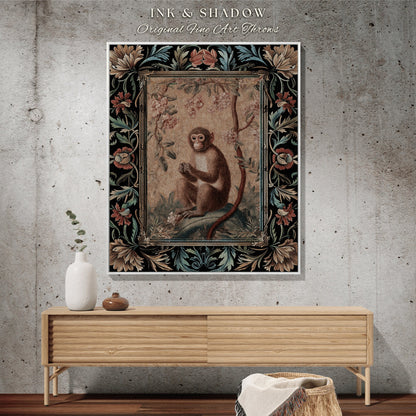 Victorian Gothic Woven Throw Blanket | Woodland Tapestry Decor William Morris Monkey Vintage Cottagecore Aesthetic Dark Fairycore Woven Art