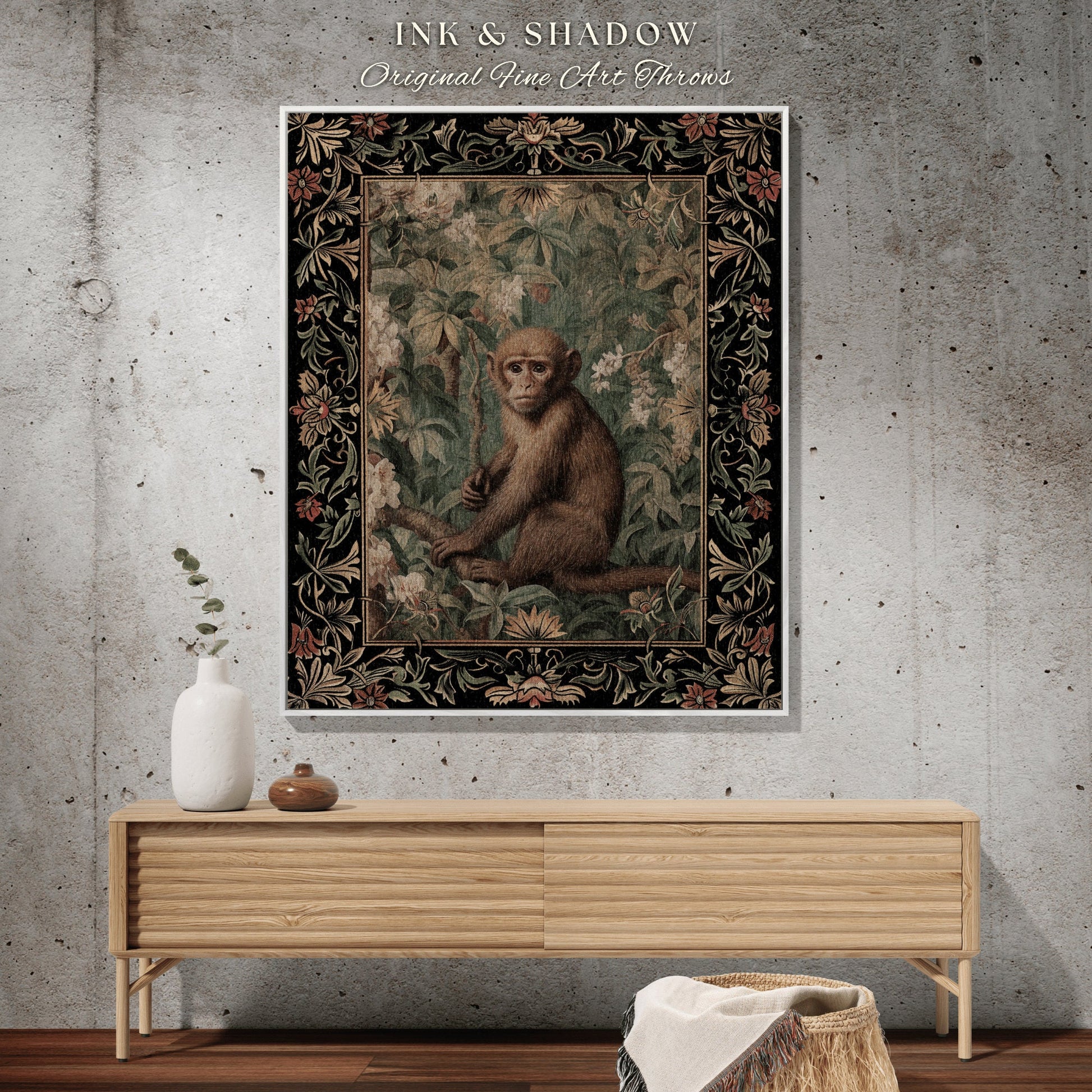 Pastel Botanical Monkey Blanket Woven | Woodland Gothic Room Decor Monkey Cottagecore Antique Aesthetic Dark Fairycore Bedroom Tapestry |