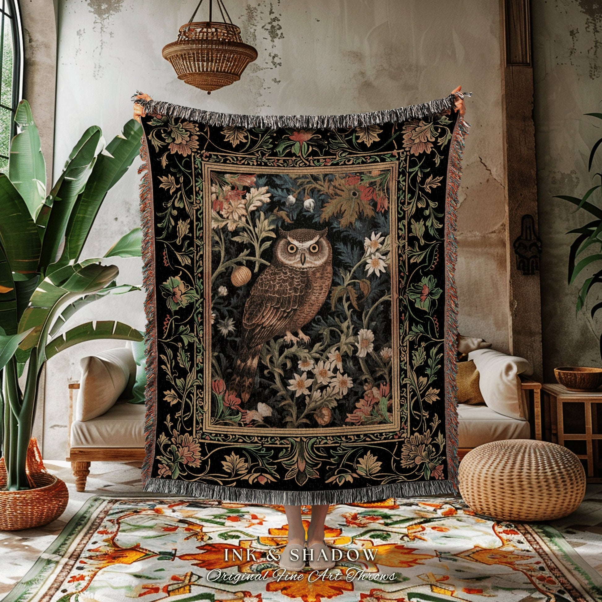 Eclectic Owl Tapestry Woven | Whimsical Decor William Morris Inspired Forest Aesthetic Fairycore Bedroom Throw Blanket Floral Owl Decoration