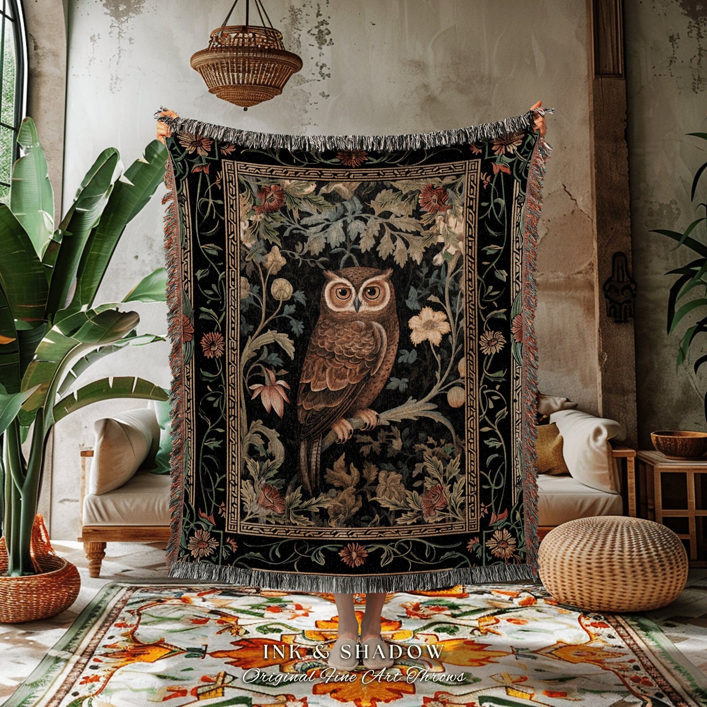 Whimsical Book Nook Owl Blanket | Woodland Room Decor Morris Inspired Forest Aesthetic Fairycore Boho Woven Tapestry Floral Owl Decoration