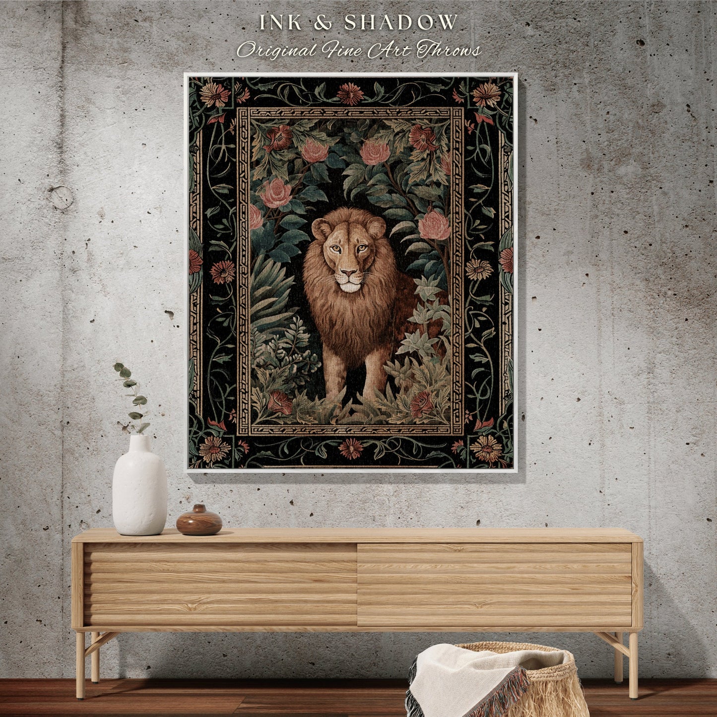 Mystic Jungle Lion Blanket | Rainforest Themed Decor William Morris Style Aesthetic Fairycore Boho Woven Tapestry Jungle Floral Botanical