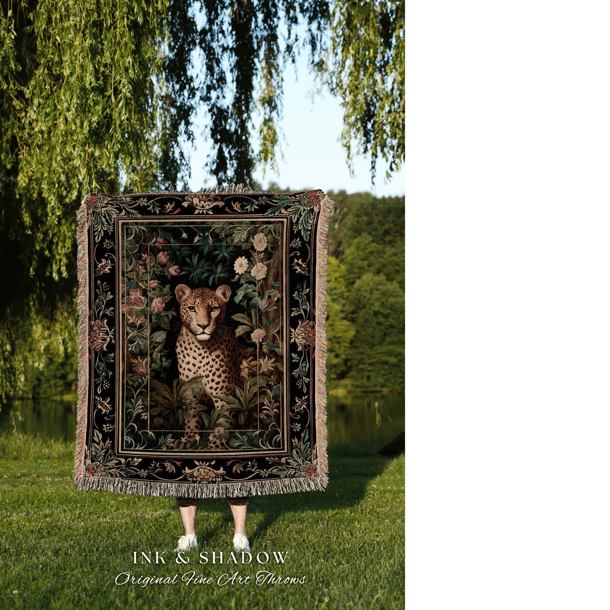 Jungle Aesthetic Throw Blanket | Nature Inspired Tapestry Morris Style Aesthetic Fairycore Boho Bedroom Ethereal Leopard Blanket Dark Floral