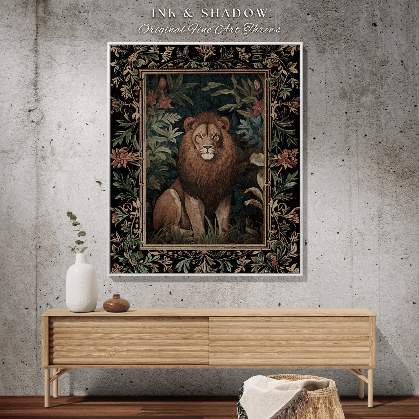 Dark Botanical Lion Woven Blanket Nature Inspired Room Decor Morris Style Tapestry Fairycore Boho Bedroom Jungle King Retro Forestcore Throw