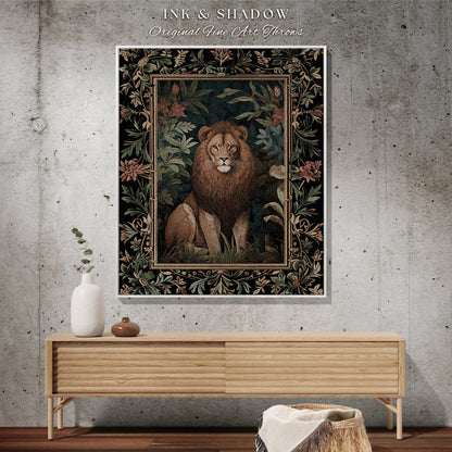Dark Botanical Lion Woven Blanket Nature Inspired Room Decor Morris Style Tapestry Fairycore Boho Bedroom Jungle King Retro Forestcore Throw