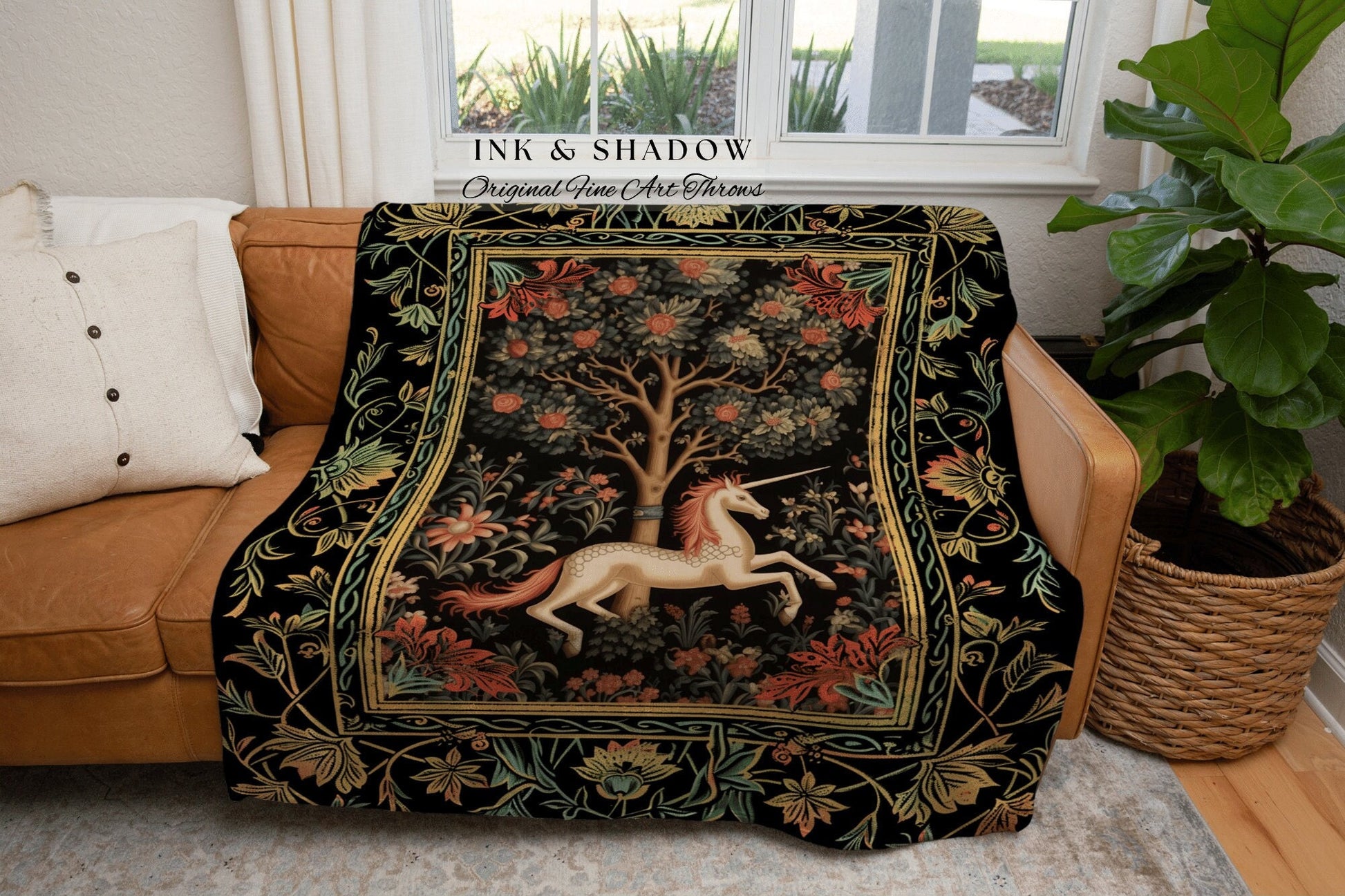 Medieval Unicorn Wall Tapestry | Whimsical Room Decor William Morris Inspired Cottagecore Aesthetic Fairycore Woven Blanket Magical Unicorn