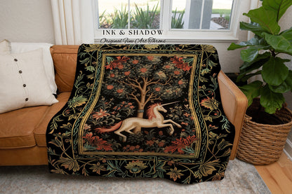 Medieval Unicorn Wall Tapestry | Whimsical Room Decor William Morris Inspired Cottagecore Aesthetic Fairycore Woven Blanket Magical Unicorn