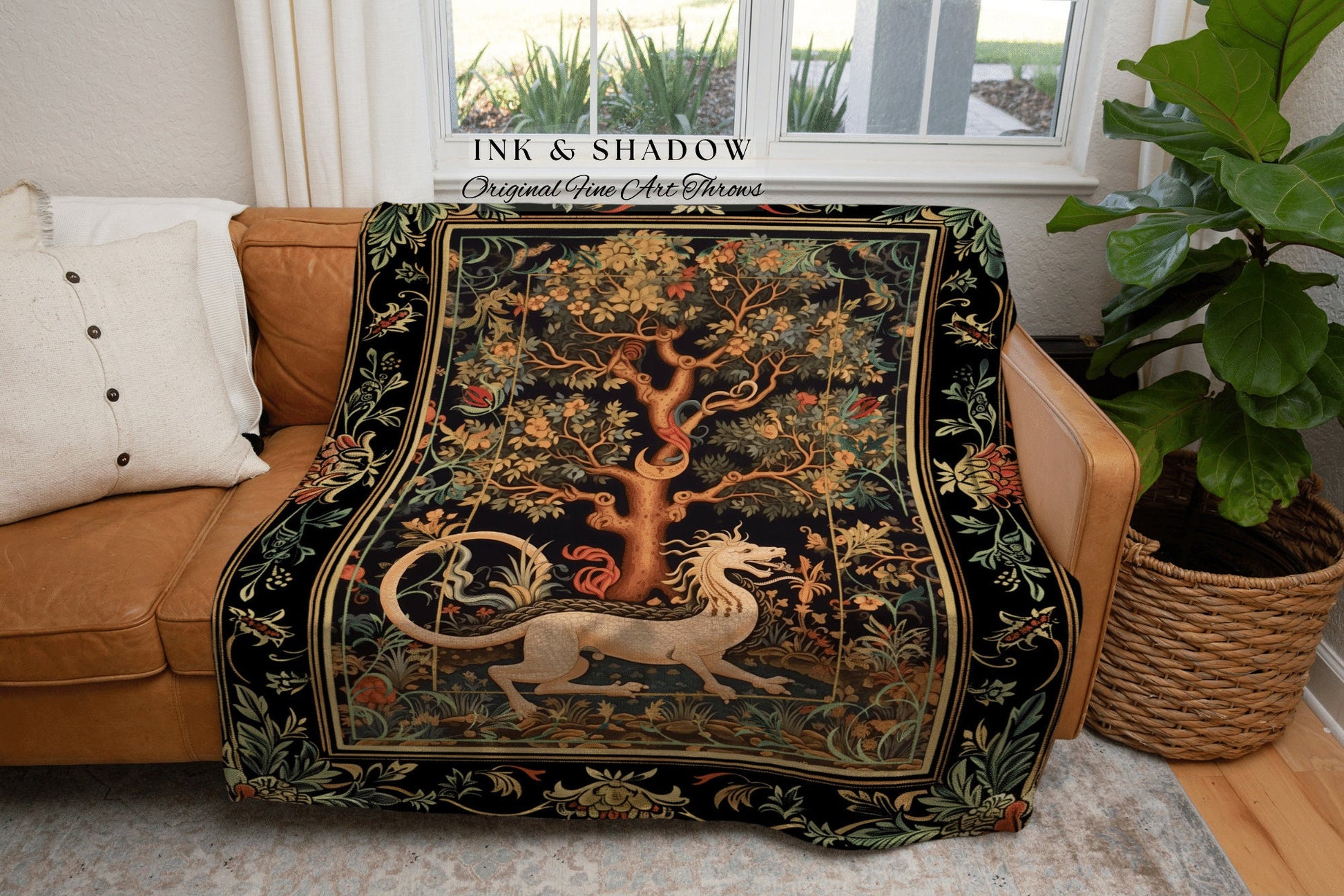 Medieval Dragon Woven Throw | Nordic Home Decor Morris Tapestry Fairycore Aesthetic Maximalist Gift for Goths Woodland Cottagecore Dragon