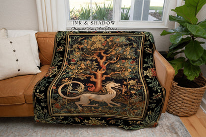 Medieval Dragon Woven Throw | Nordic Home Decor Morris Tapestry Fairycore Aesthetic Maximalist Gift for Goths Woodland Cottagecore Dragon