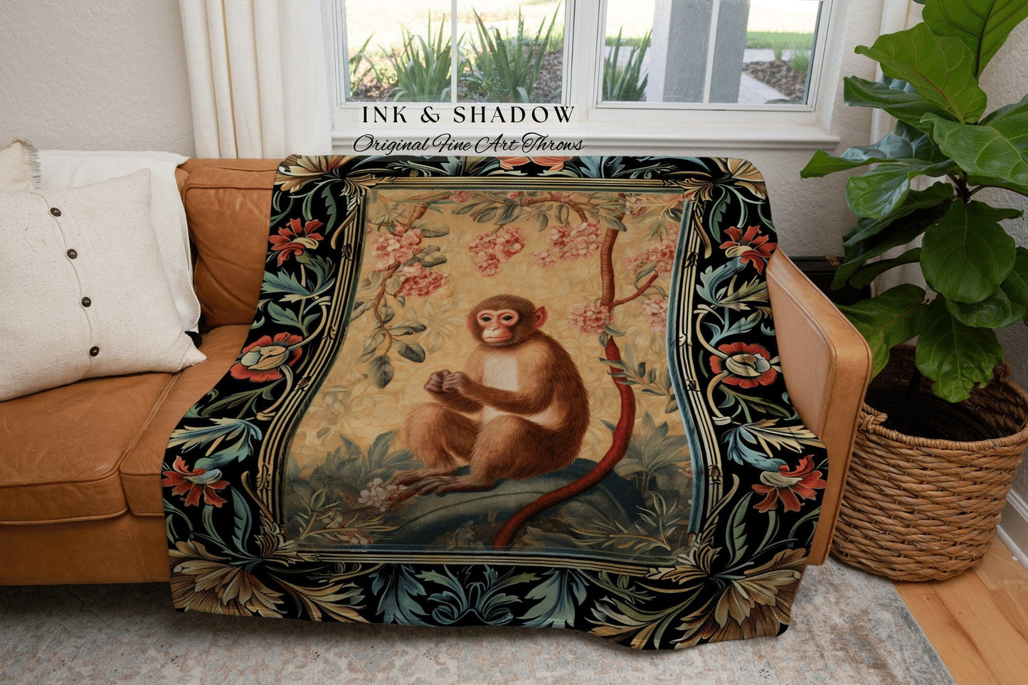 Victorian Gothic Woven Throw Blanket | Woodland Tapestry Decor William Morris Monkey Vintage Cottagecore Aesthetic Dark Fairycore Woven Art