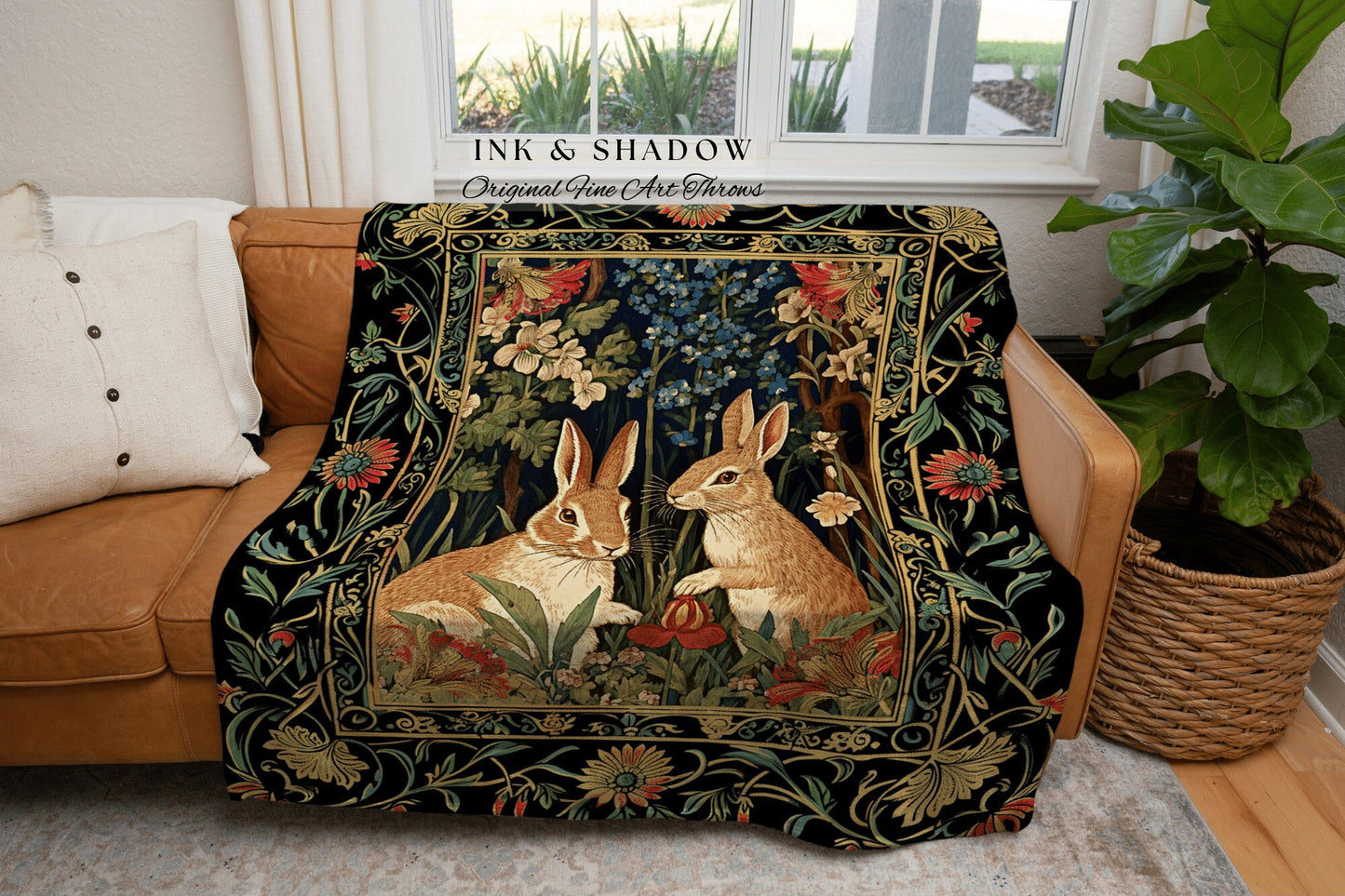 Bunnies in the Woodland Picnic Blanket | Spring Bunnies Woven Tapestry Inspired Forest Aesthetic Fairycore Bedroom Floral Bunny Victorian