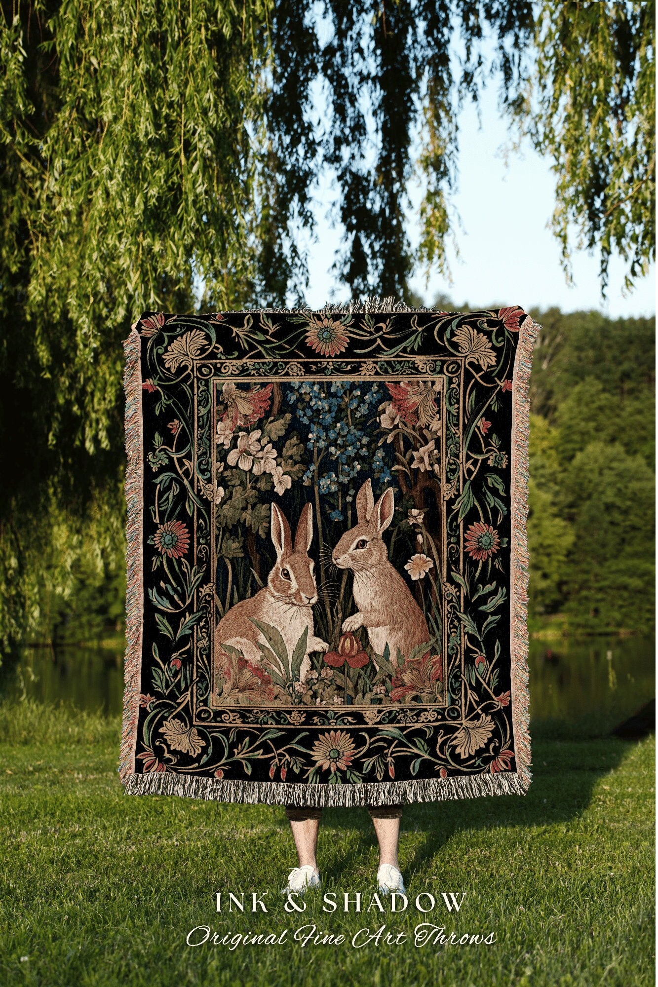 Bunnies in the Woodland Picnic Blanket | Spring Bunnies Woven Tapestry Inspired Forest Aesthetic Fairycore Bedroom Floral Bunny Victorian