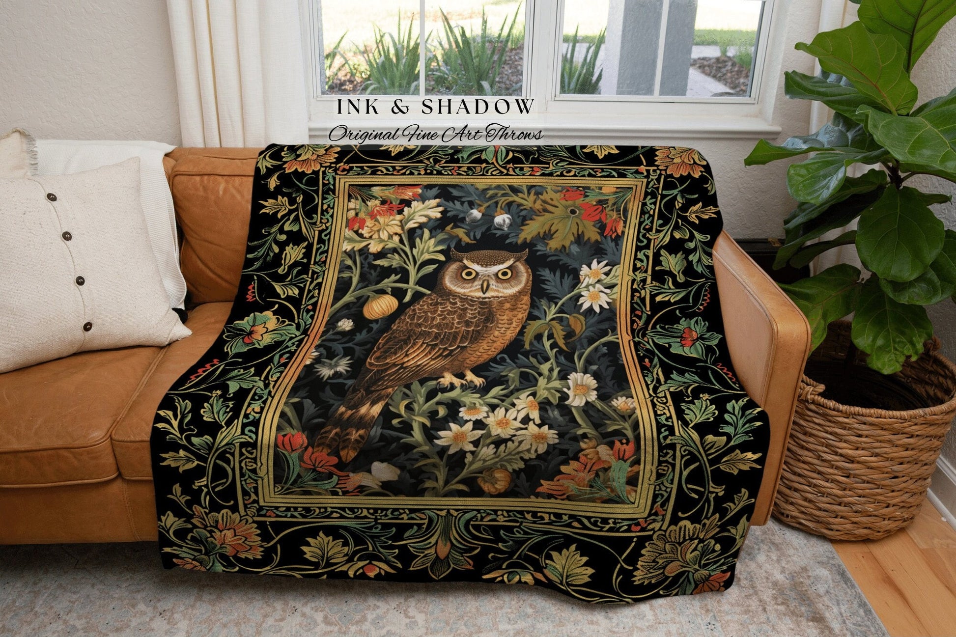 Eclectic Owl Tapestry Woven | Whimsical Decor William Morris Inspired Forest Aesthetic Fairycore Bedroom Throw Blanket Floral Owl Decoration