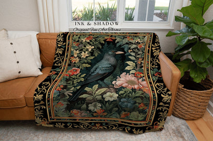 Dark Floral Raven Throw Blanket | Ethereal Gothic Room Decor Woven Tapestry Cottagecore Aesthetic Dark Fairycore Bedroom Crow Core Art |