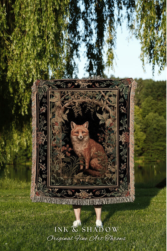 Mystic Woodland Fox Throw Blanket | Cottagecore Room Decor Morris Inspired Forest Aesthetic Fairycore Woven Tapestry Ethereal Decoration |