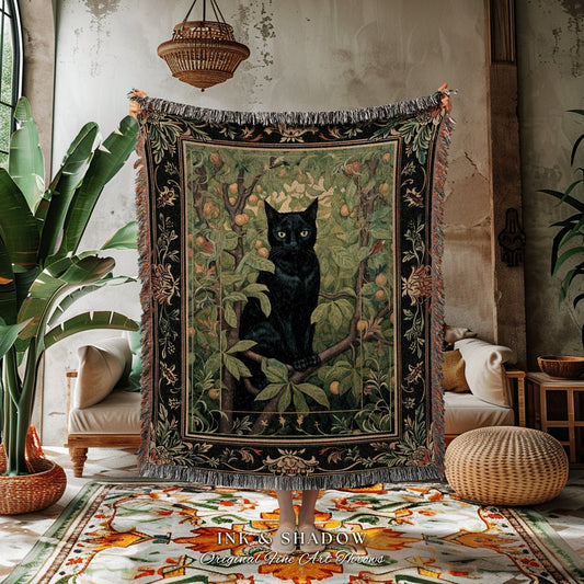 Black Cat Botanical Blanket | Dark Floral Bedroom Decor Cottagecore Reading Corner Gothic Tapestry Woven Dark Fairycore Room Woodland Art