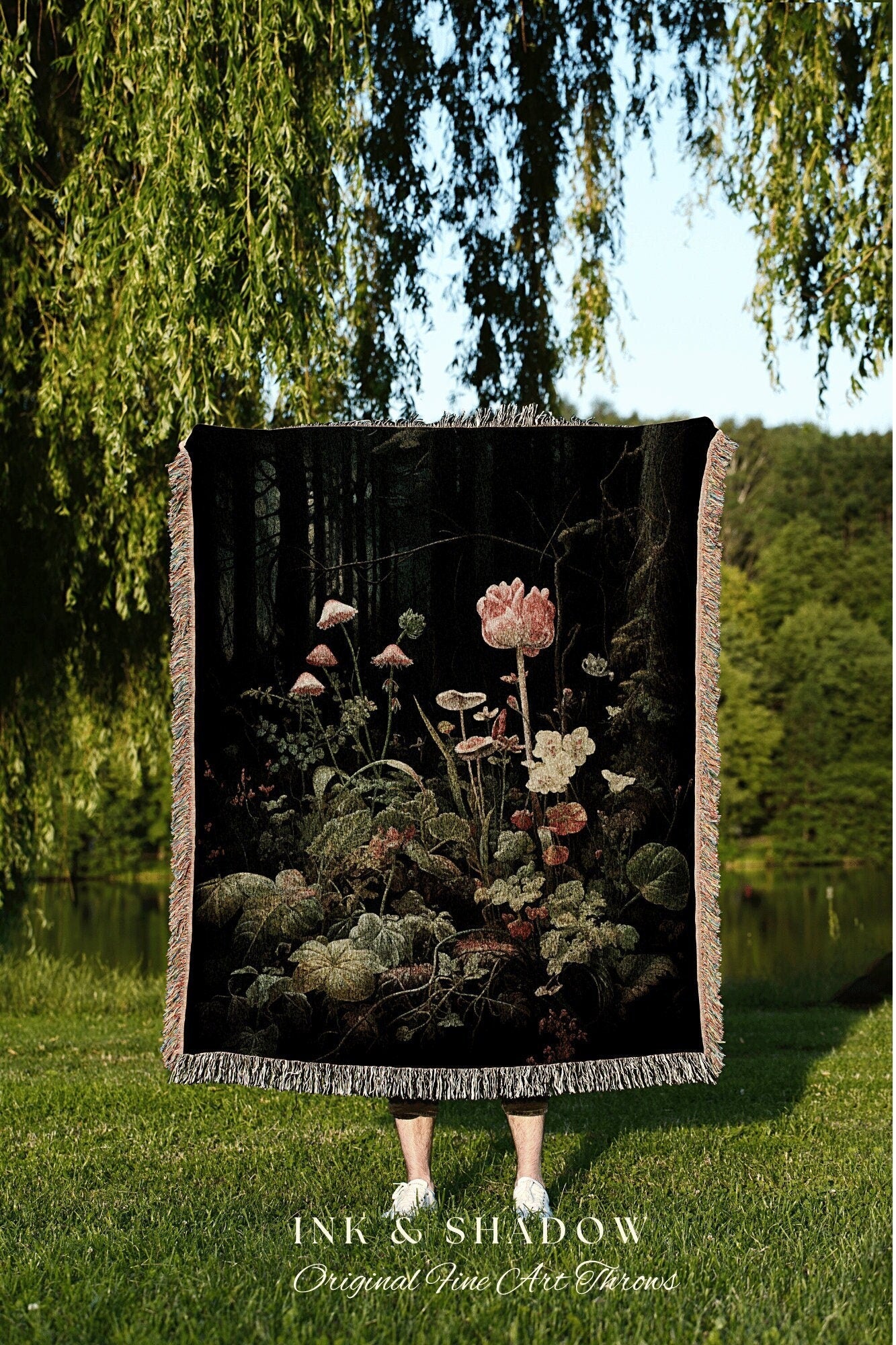 Dark Botanical Renaissance Tapestry Woven Wall Art | Dark Floral Painting Blanket Woven | Whimsigoth Room Decor Witchy Aesthetic Art Blanket