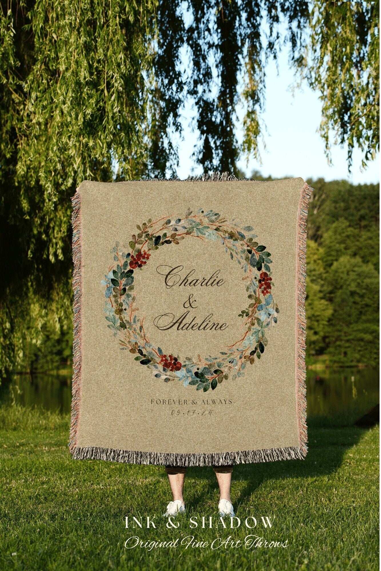 Vintage Floral Wreath Wedding Blanket Custom Last Name Gift Blanket Personalized Wedding Custom Anniversary His and Hers Initials Tapestry