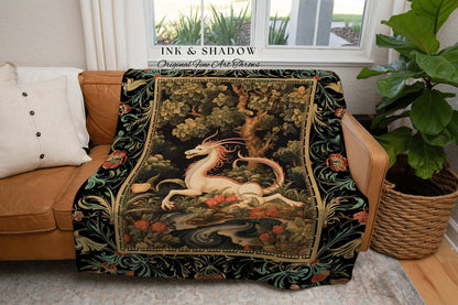 Dark Medieval Dragon Throw Blanket | Mystic Room Decor Morris Woven Tapestry Cottagecore Aesthetic Fairycore Bedroom Magical Dragon Theme |