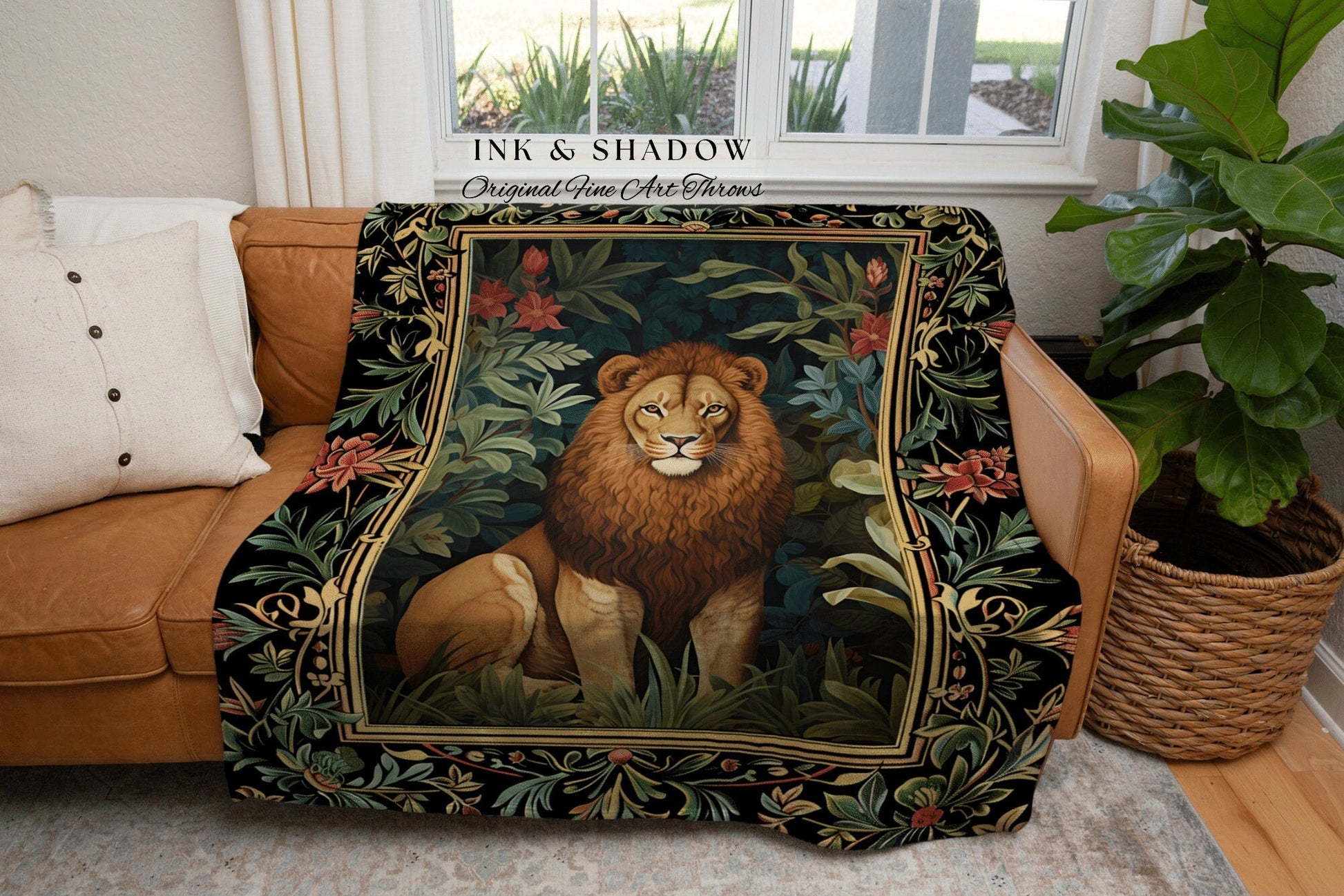 Dark Botanical Lion Woven Blanket Nature Inspired Room Decor Morris Style Tapestry Fairycore Boho Bedroom Jungle King Retro Forestcore Throw