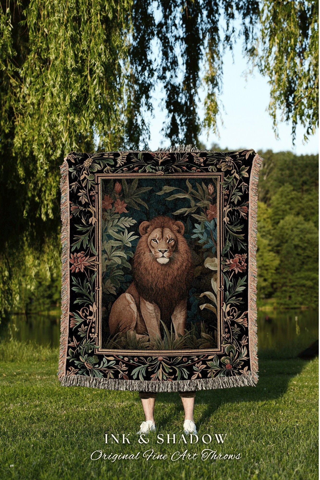 Dark Botanical Lion Woven Blanket Nature Inspired Room Decor Morris Style Tapestry Fairycore Boho Bedroom Jungle King Retro Forestcore Throw
