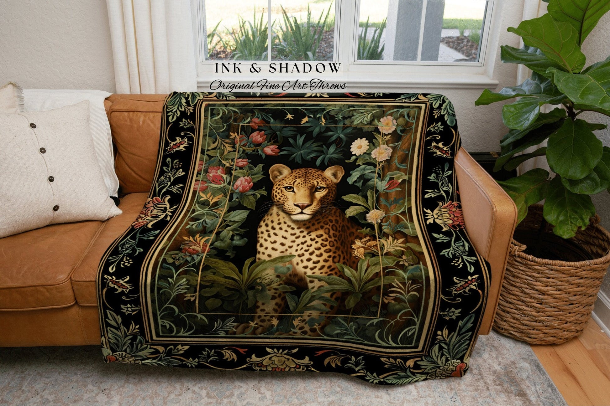 Jungle Aesthetic Throw Blanket | Nature Inspired Tapestry Morris Style Aesthetic Fairycore Boho Bedroom Ethereal Leopard Blanket Dark Floral