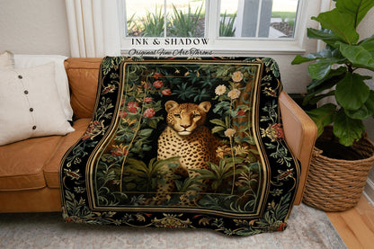 Jungle Aesthetic Throw Blanket | Nature Inspired Tapestry Morris Style Aesthetic Fairycore Boho Bedroom Ethereal Leopard Blanket Dark Floral