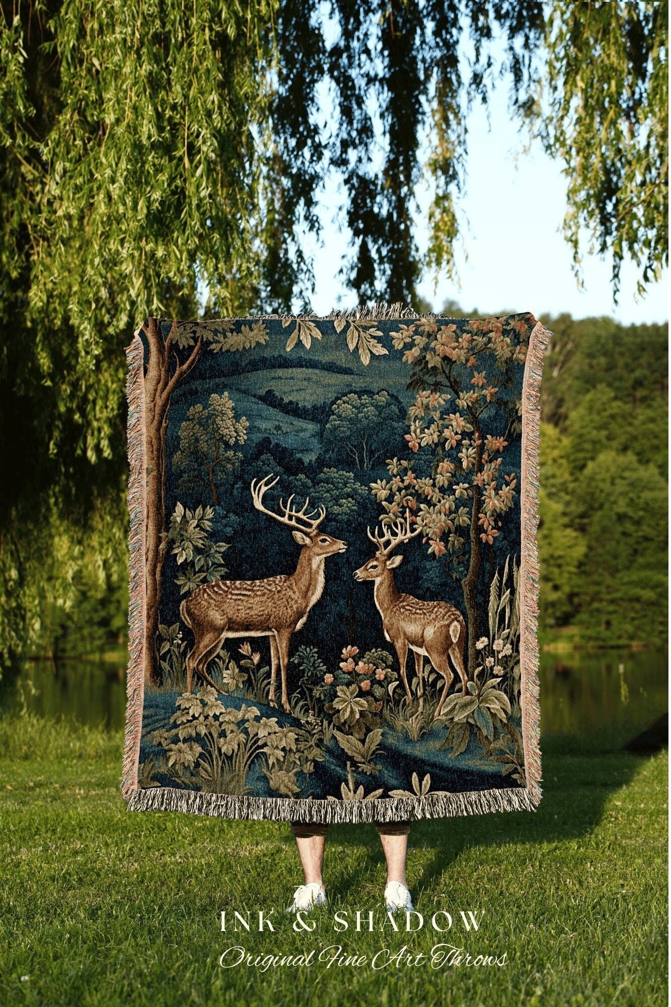 Folk Art Blanket Woodland | Folk Art Blanket Woven Tapestry William Morris Throw Dark Cottagecore Gothic Aesthetic Bedding Light Academia |