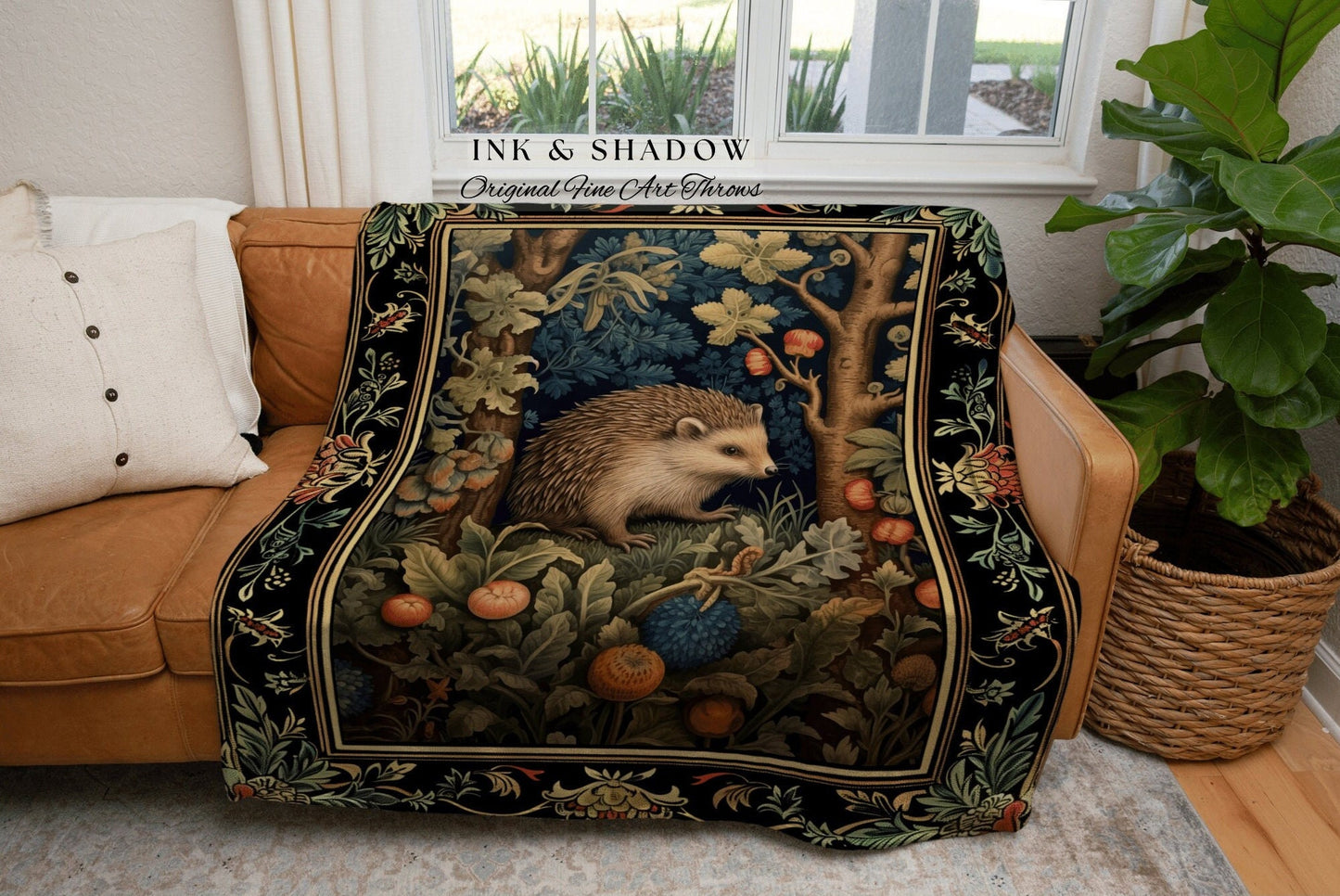 Fairy Core Hedge Hog Throw Blanket | Dark Woodland Rustic Morris Blanket Cozy Rustic Throw Housewarming Gift Hedgehog Wallhanging Tapestry |