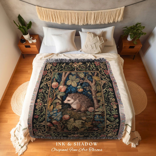 Maximalist Hedgehog Throw Blanket | Dark Woodland Tapestry Cottagecore Reading Corner Throw Dark Fairycore Room Victorian Hedge Hog Artwork