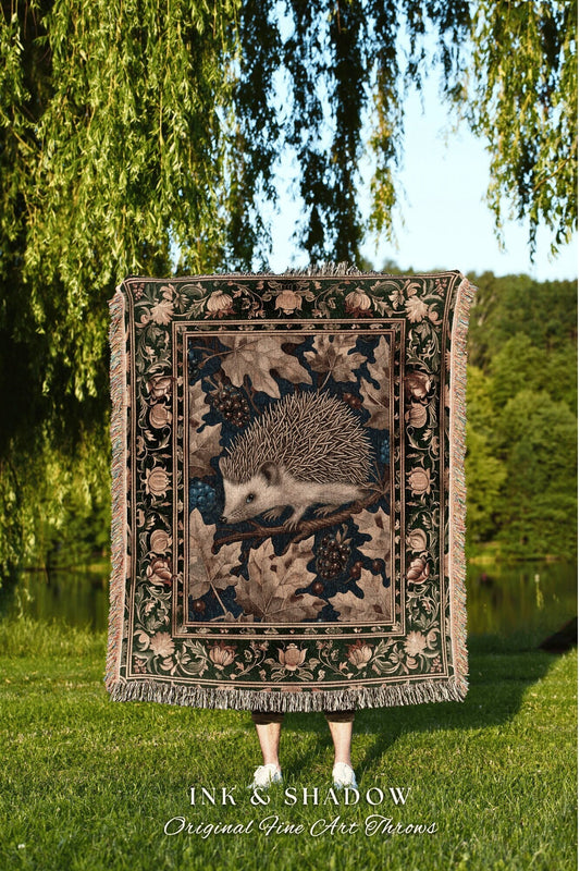 Witchy Hedgehog Tapestry Blanket | Woodland Autumn Blanket Cozy Cottagecore Book Nook Throw Dark Fairycore Room Victorian Hedge Hog Gifts |