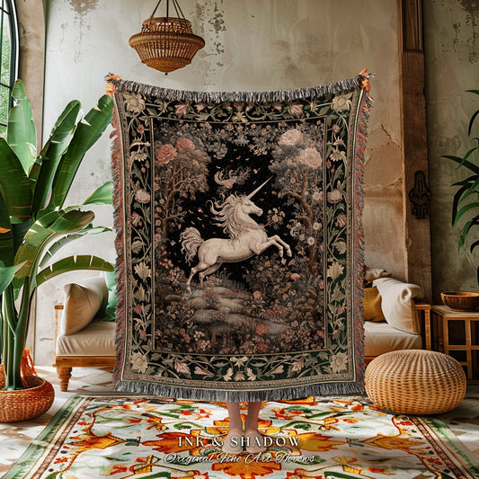 Unicorn Mystical Medieval Art Blanket Folklore Whimsigothic Decor, Dark Cottagecore Mystic Grunge Fairycore Whimsical Witchy Tapestry Throw