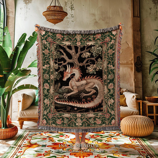 Fantasy Aesthetic Dragon Blanket Woven | Medieval Aesthetic Fairytale Nursery Decor Morris Style Cottagecore Fairycore Woven Throw Tapestry