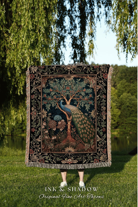 Cottagecore Peacock Throw Blanket | Royalcore Floral Room Decor Morris Inspired Cottagecore Aesthetic Fairycore Woven Tapestry Ethereal |