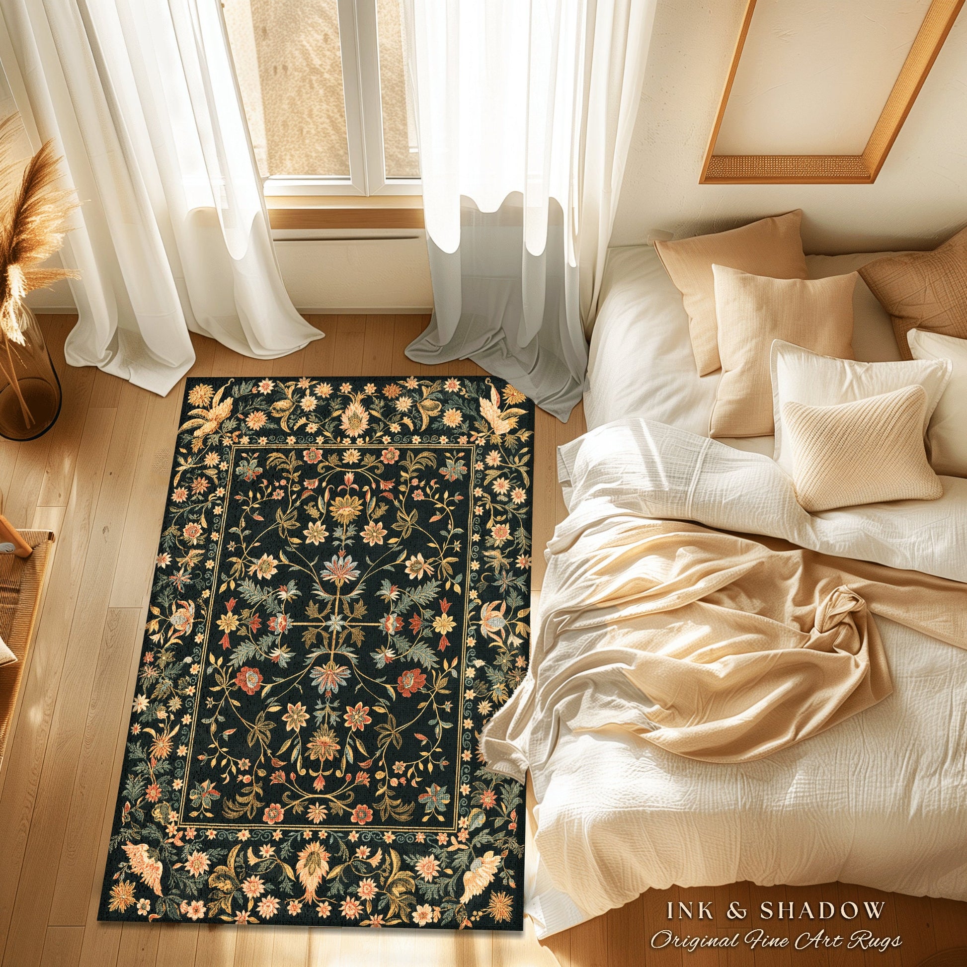 Boho Maximalist Wildflower Rug | Folklore Aesthetic Danish Home Decor Rustic Housewarming Gift Fairycore Bedroom Whimsical Living Room |