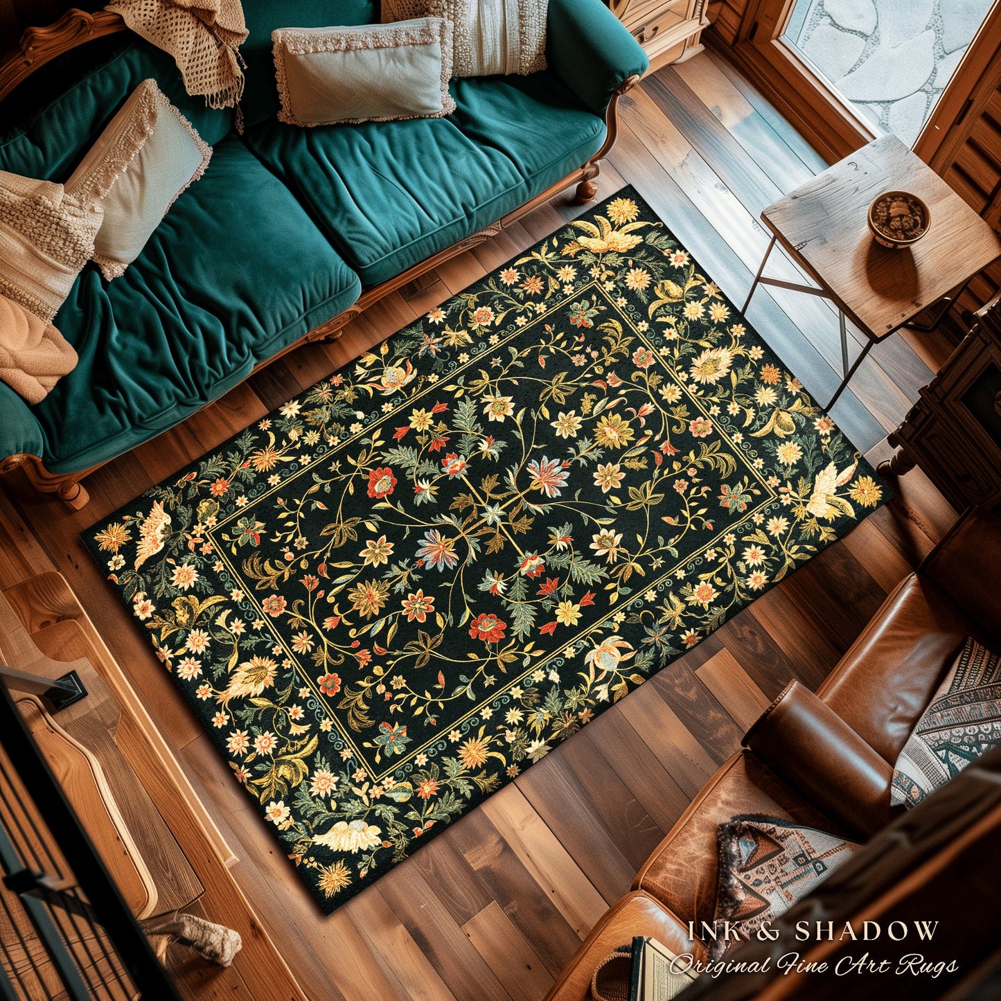 Boho Maximalist Wildflower Rug | Folklore Aesthetic Danish Home Decor Rustic Housewarming Gift Fairycore Bedroom Whimsical Living Room |