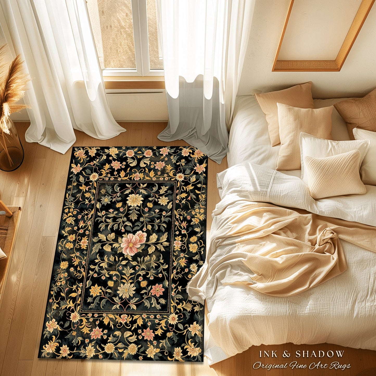 Ethereal Rose Housewarming Rug | Victorian Gothic Aesthetic Ornate Home Decor Whimsical Crowcore Rug Dark Academia Witchy Bedroom Floral |