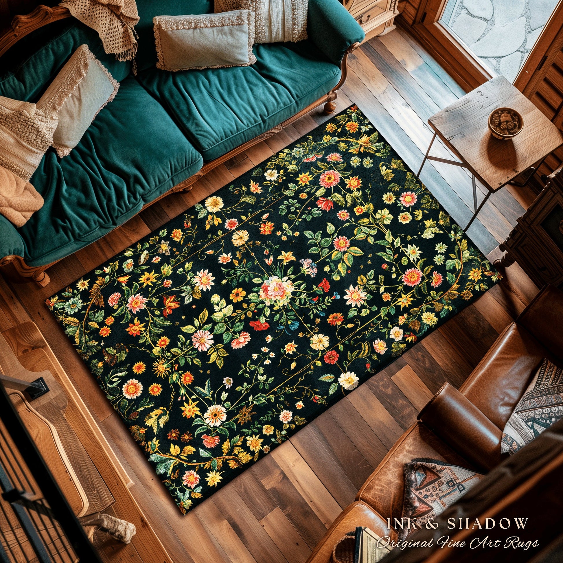 Dark Academia Wildflower Rug | Floral Aesthetic Ornate Gothic Home Decor Whimsical Rustic Housewarming Gift Dark Academia Ethereal Bedroom |