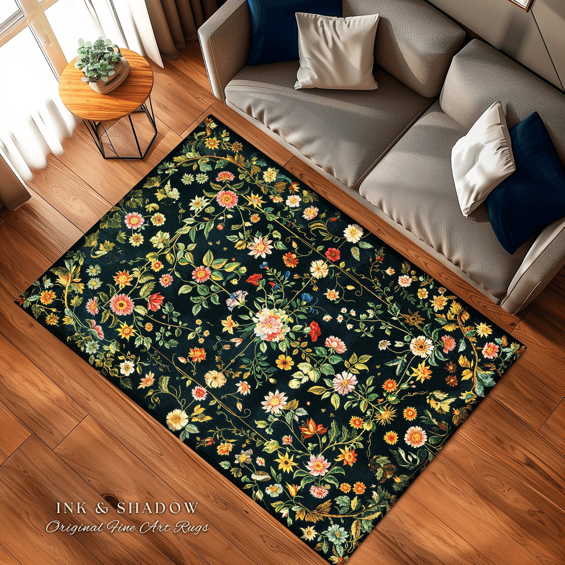 Dark Academia Wildflower Rug | Floral Aesthetic Ornate Gothic Home Decor Whimsical Rustic Housewarming Gift Dark Academia Ethereal Bedroom |