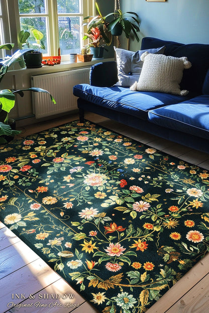 Dark Academia Wildflower Rug | Floral Aesthetic Ornate Gothic Home Decor Whimsical Rustic Housewarming Gift Dark Academia Ethereal Bedroom |