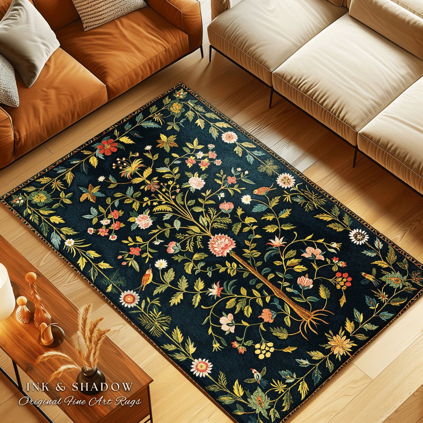 Boho Scandinavian Floral Area Rug | Wildflower Aesthetic Danish Pastel Home Decor Rustic Housewarming Gift Dark Academia Bedroom Folklore |