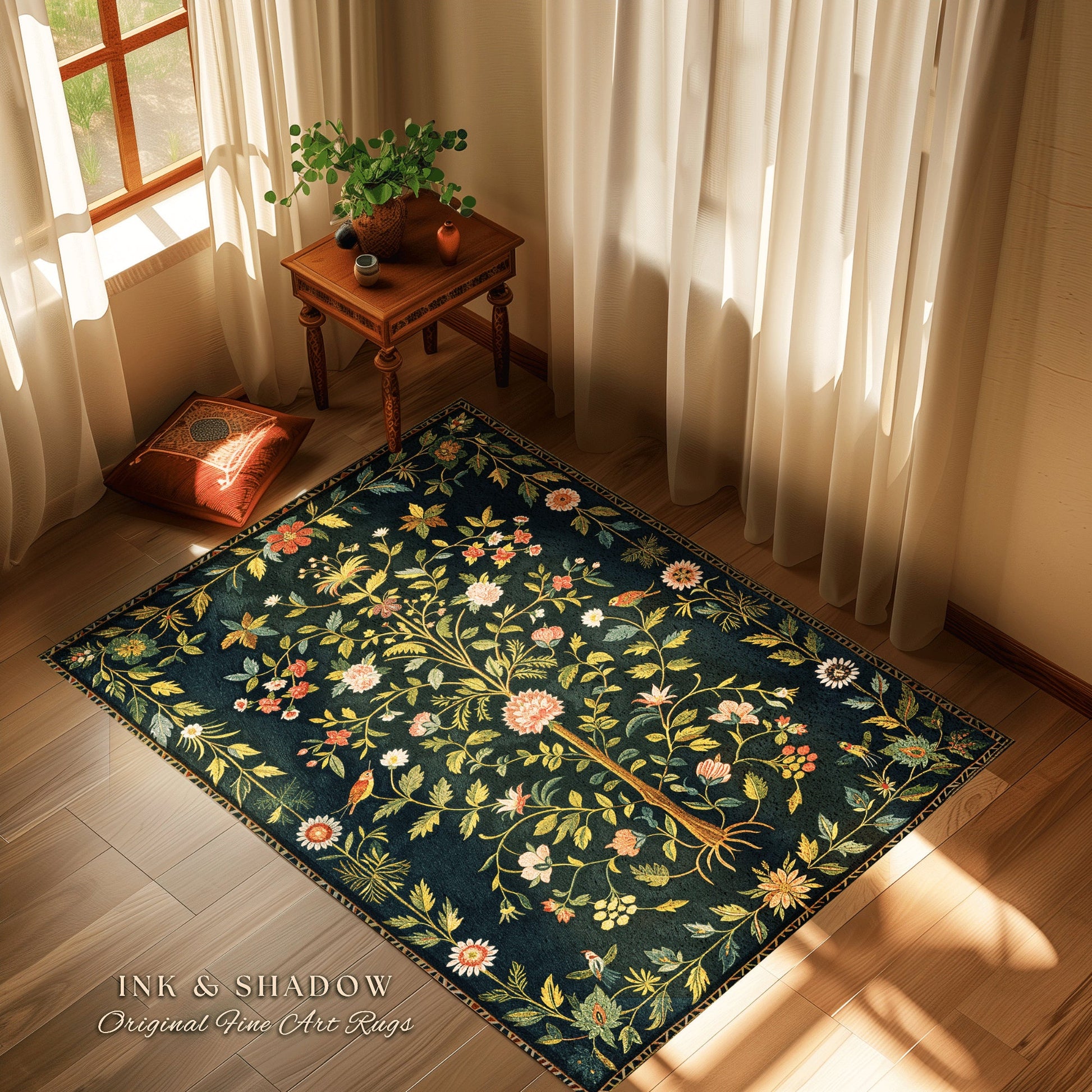 Boho Scandinavian Floral Area Rug | Wildflower Aesthetic Danish Pastel Home Decor Rustic Housewarming Gift Dark Academia Bedroom Folklore |