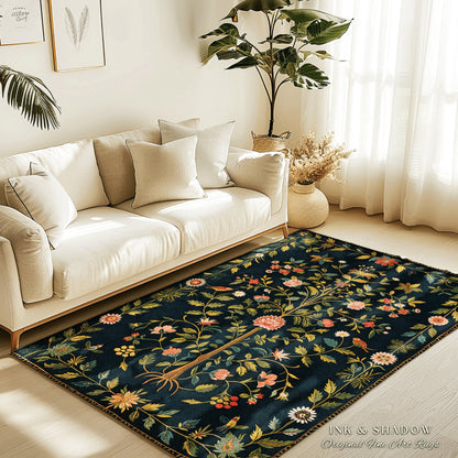 Boho Scandinavian Floral Area Rug | Wildflower Aesthetic Danish Pastel Home Decor Rustic Housewarming Gift Dark Academia Bedroom Folklore |